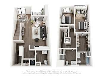 Two floor plans of a house with a kitchen, living room, and bedrooms.