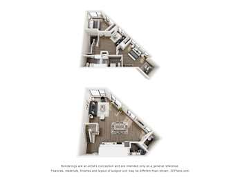 A 3D floor plan of a house with two levels.