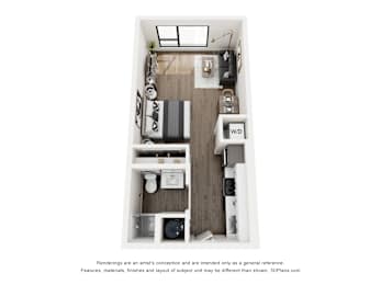 A floor plan of a small apartment with a kitchen, living room, and bathroom.