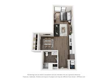 A 3D floor plan of a small apartment with a kitchen, living room, and bathroom.