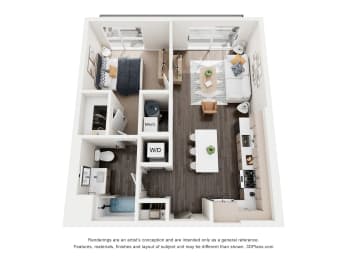 A floor plan of a small apartment with a kitchen, living room, and two bedrooms.