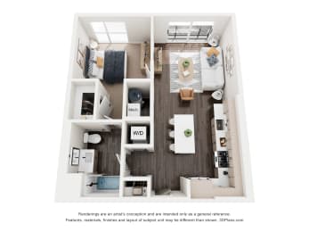 A floor plan of a small apartment with a kitchen, living room, and bathroom.