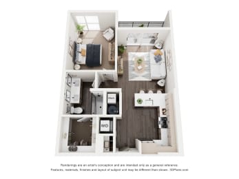A floor plan of a small apartment with a kitchen, living room, and two bedrooms.