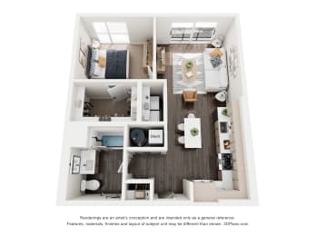 A floor plan of a small apartment with a kitchen, living room, and two bedrooms.