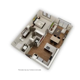 3d floor plan of a small apartment with a bedroom and living room