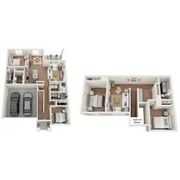 A floor plan of a two-story home with a garage and a living room on the first floor and a bedroom on the second floor.