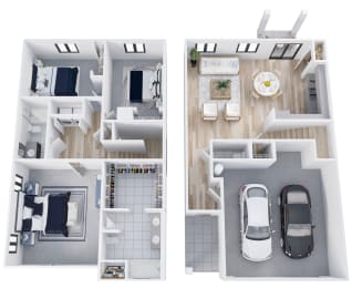 two layouts of a house and a car in a floor plan