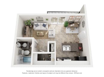 a 3d floor plan of a bedroom with a living room