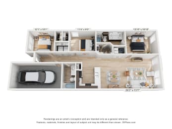 a stylized floor plan of a 1 bedroom apartment