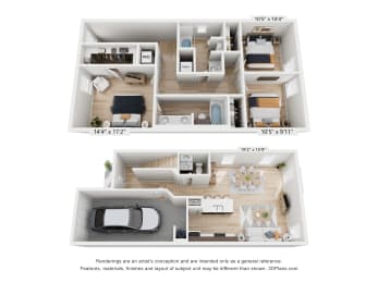 a stylized 3d floor plan of a 2100 sq ft house