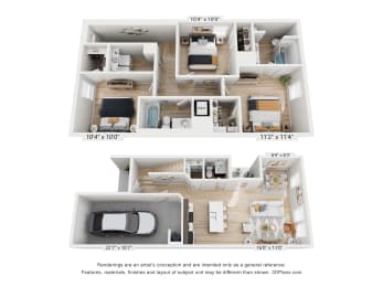 a stylized floor plan of a 3 bedroom apartment