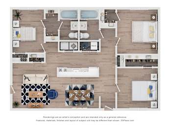 A floor plan of a house with a kitchen, living room, dining room, and bathrooms.