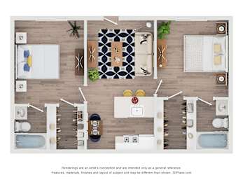 A top-down view of a modern bathroom with two sinks, a bathtub, and a shower.
