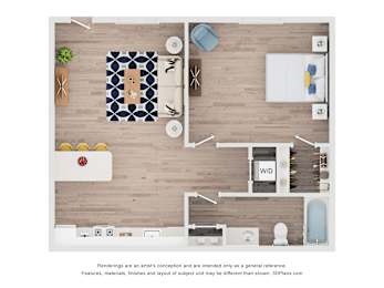 A 3D floor plan of a house with a living room, dining area, and kitchen.