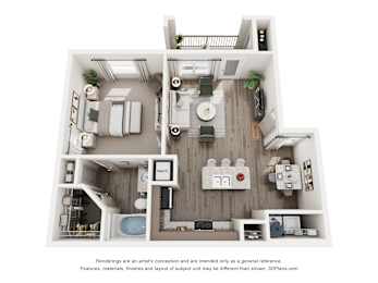 A 3D floor plan of a house with a kitchen, living room, dining room, and bathroom.