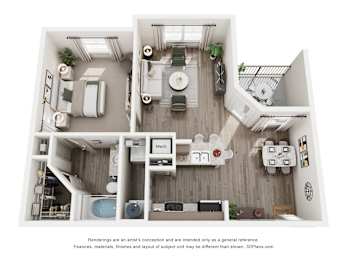 A 3D floor plan of a house with a kitchen, living room, and bathroom.