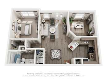A 3D floor plan of a small apartment with a kitchen, living room, and two bedrooms.