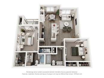 A 3D floor plan of a house with a kitchen, living room, dining room, and bathrooms.