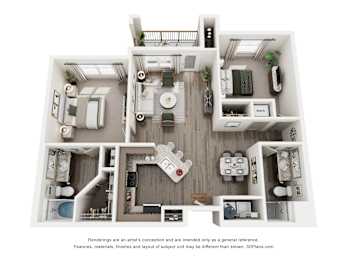 A 3D floor plan of a house with a kitchen, living room, and two bedrooms.