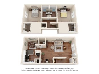 a spacious two bedroom apartment with a large living room and a kitchen with a stove and refrigerator