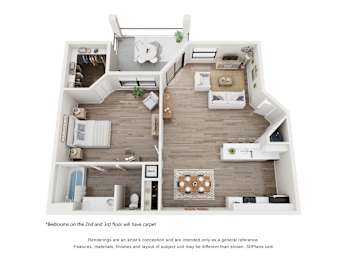 A 3D floor plan of a house with two bedrooms on the second and third floor.