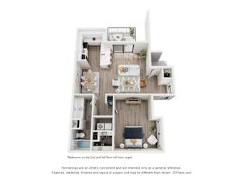 A 3D floor plan of a small apartment with two bedrooms and a living area.