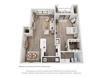 A 3D floor plan of a house with two bedrooms on the second and third floor.