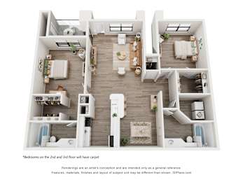 A 3D floor plan of a house with bedrooms on the second and third floor.