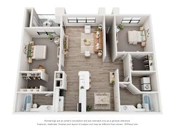 A 3D floor plan of a house with a kitchen, living room, and two bedrooms.