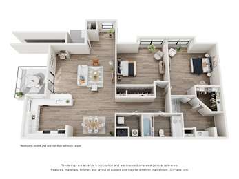 A 3D floor plan of a house with bedrooms on the second and third floor.