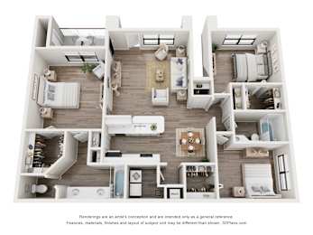 A 3D floor plan of a house with multiple rooms and furniture.