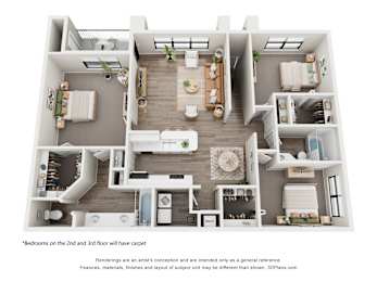 A 3D floor plan of a house with a living room, dining room, kitchen, and two bedrooms.