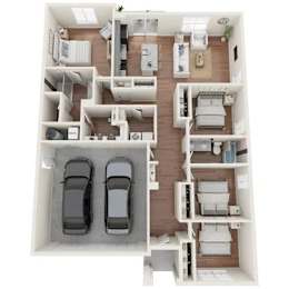 A floor plan of an apartment with two bedrooms, a living room, a kitchen, and a bathroom.
