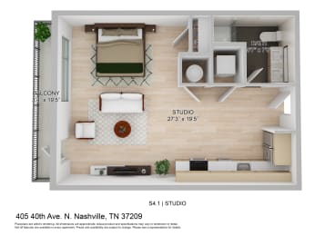 a stylized floor plan with a bedroom and a living room