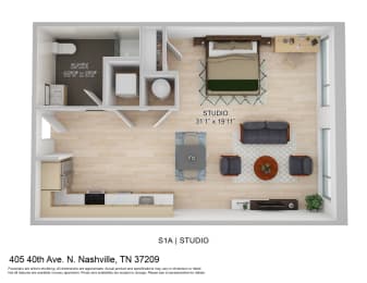 a stylized floor plan of a studio apartment