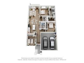 A 3D floor plan of a house with two bedrooms, a living room, a kitchen, a bathroom, and two parking spaces.