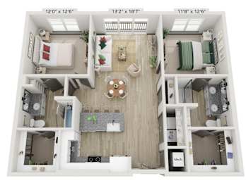 A 3D floor plan of a small apartment with a living room, kitchen, and two bedrooms.