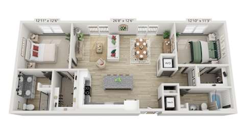 A 3D floor plan of a small apartment with a living room, kitchen, and bedroom.