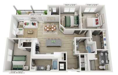 A floor plan of a small apartment with a kitchen, living room, and bedrooms.