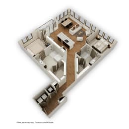 a shaped floor plan of a house with a bedroom and a living room