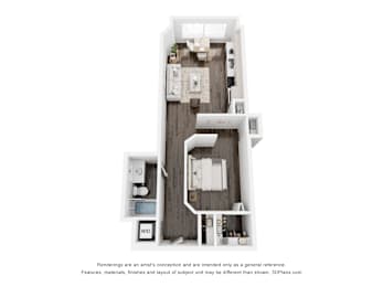 A 3D floor plan of a small apartment with a kitchen, living room, and bathroom.