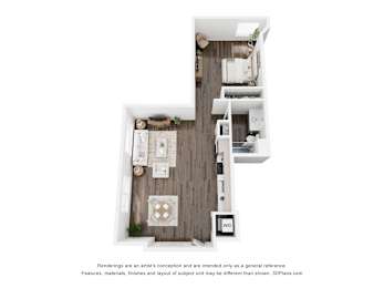A top down view of a kitchen with a dining table and chairs.