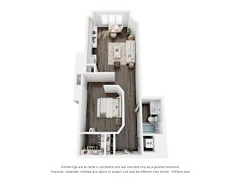 A 3D floor plan of a house with a kitchen, living room, and bathroom.