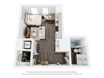 A 3D floor plan of a small apartment with a kitchen, living room, and bathroom.