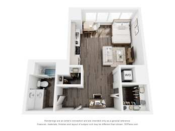 A 3D floor plan of a small apartment with a kitchen, living room, and bathroom.