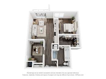 A 3D floor plan of a small apartment with a kitchen, living room, and bathroom.