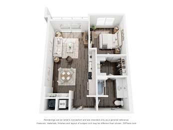 A 3D floor plan of a small apartment with a kitchen, living room, and bathroom.