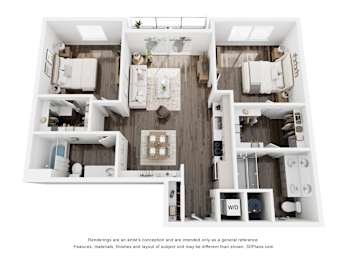 A 3D floor plan of a house with a kitchen, living room, and two bedrooms.