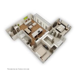 a 3d rendering of a living room with a balcony