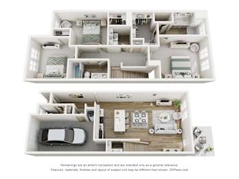 A 3D floor plan of a house with two bedrooms, a living room, a kitchen, and a garage.